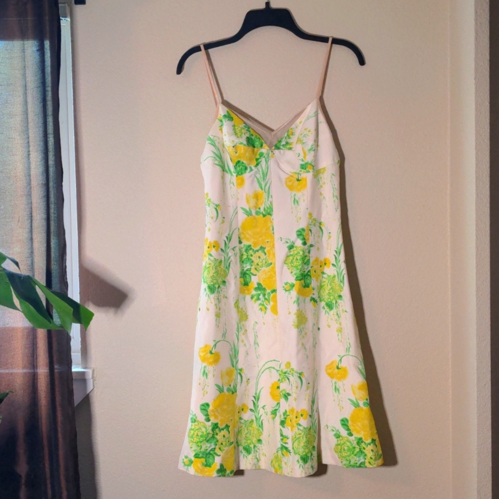 Tracey Reese white w/yellow roses print 100% silk summer dress, size 2